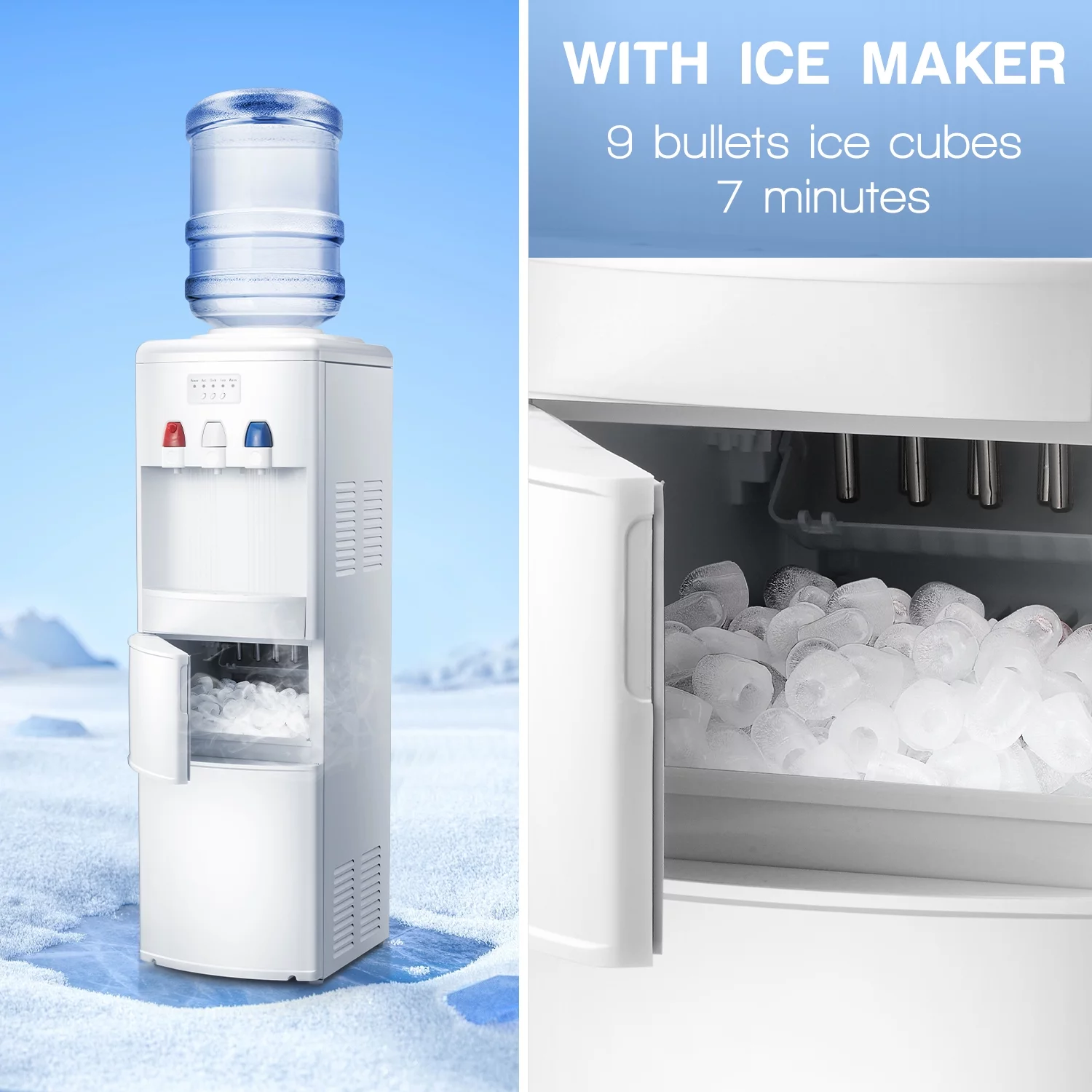 KISSAIR Water Cooler Dispenser with Built-in Ice Maker, Top Loading Water Coolers with 3 Temperature Settings - Hot, Cold & Room Temperature, 27Lbs/24H Ice Maker Machine with Child Safety Lock-White