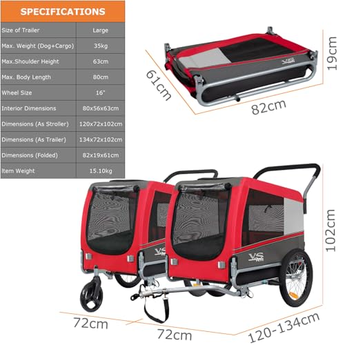 Tiggo Veelar Sports Pets Large Dog Bike Trailer & Stroller for Medium,Large Dog or Multiple Small Dogs, Pet Stroller for Dogs Up to 78 lbs, Parking Brakes, Low Center of Gravity