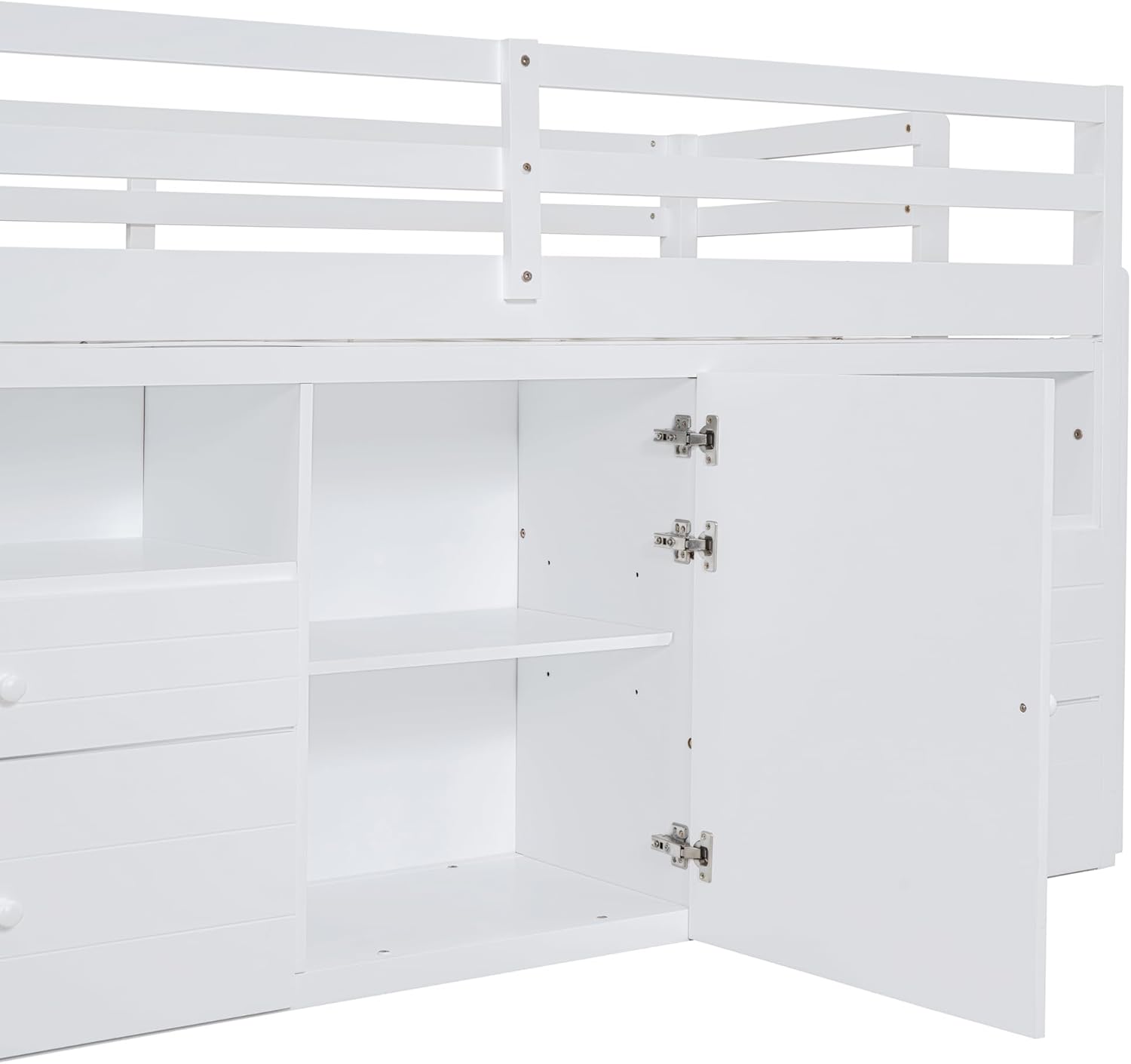 Twin Size Kids Loft Bed with Storage Underneath, Wooden Low Loftbed Frame with 4 Drawers, Cabinet, Shelves and Ladder, Space Saving Bedframe for Boys Girls Teens, White