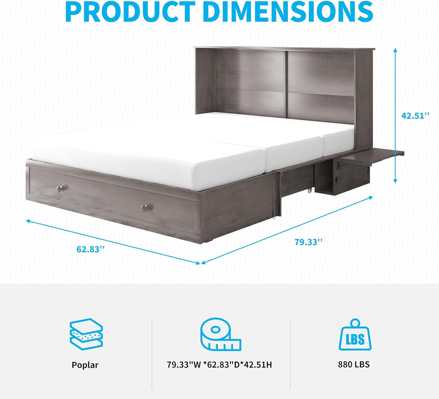 MUZZ Queen Size Cabinet Murphy Bed, Murphy Bed with Foldable Foam Mattress, Space-Saving Cube Murphy Bed with Charging Station and Large Storage Drawer (Grey)