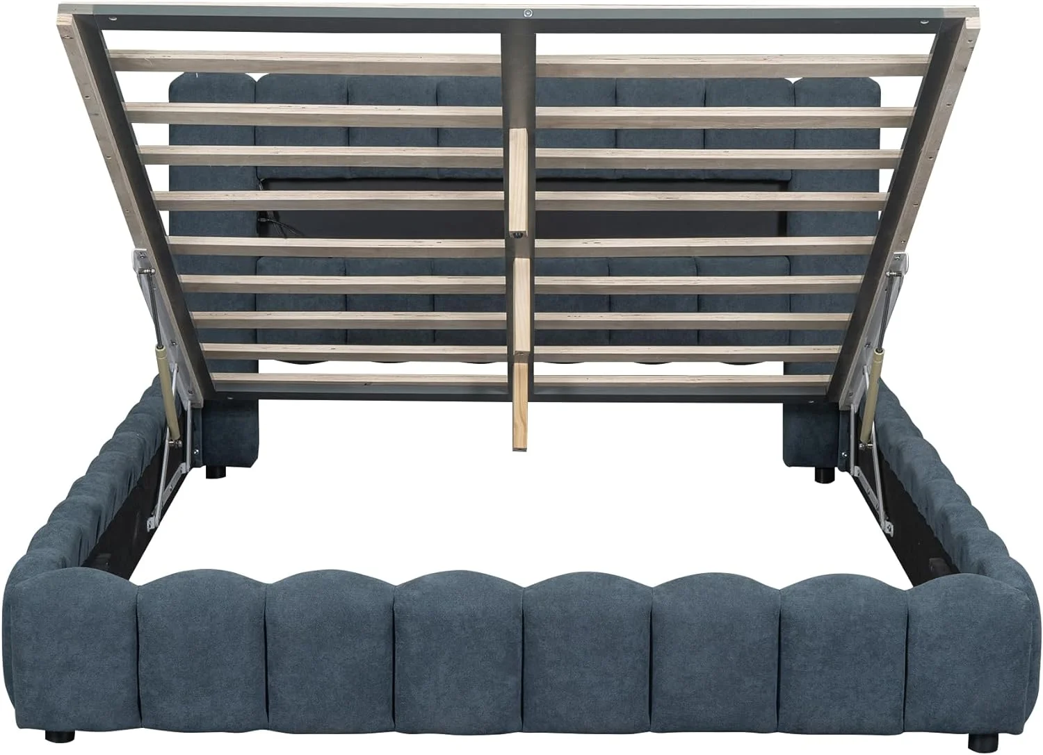 Upholstered Queen Size Bed With Lift Up Storage, USB Ports And LED Headboard, Linen Queen Platform Bed With Slats Support, No Box Spring Needed, Easy Assembly, Deep Blue
