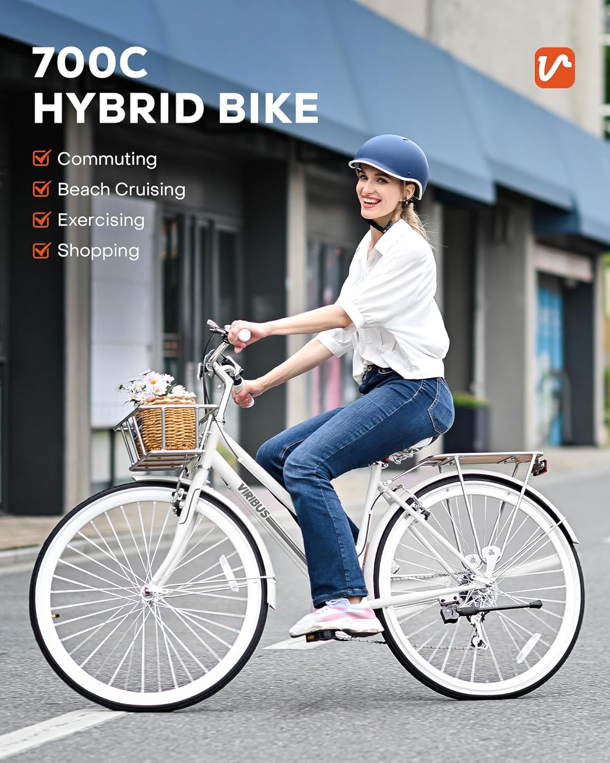 Viribus Hybrid Bike, 700C Road Bike for Women, Lightweight 7 Speed Womens Bike with Basket & Rack, Step Through Hybrid Bicycle, 28 inch Adult Bike for Commuting, Bikes for Women Ladies