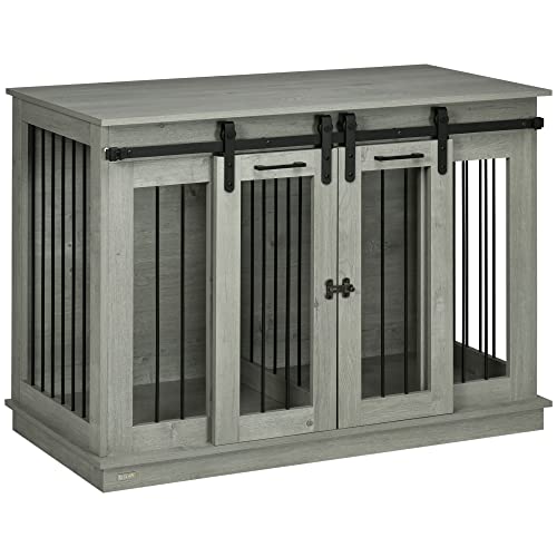 PawHut Dog Crate Furniture with Divider, Dog Crate End Table for Small to Large Dogs, Large Indoor Dog Kennel with Double Doors, 47" W x 23.5" D x 35" H, Oak