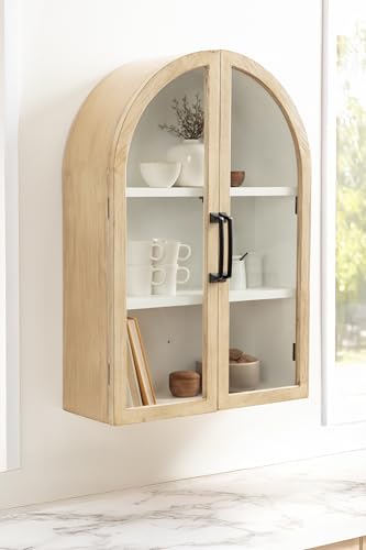 Kate and Laurel Arcott Modern Arch Wall Cabinet, 21 x 8 x 30, Natural Wood and White, Transitional Arched Cabinet for Use as Over-The-Toilet Storage or Living Room Storage Cabinet