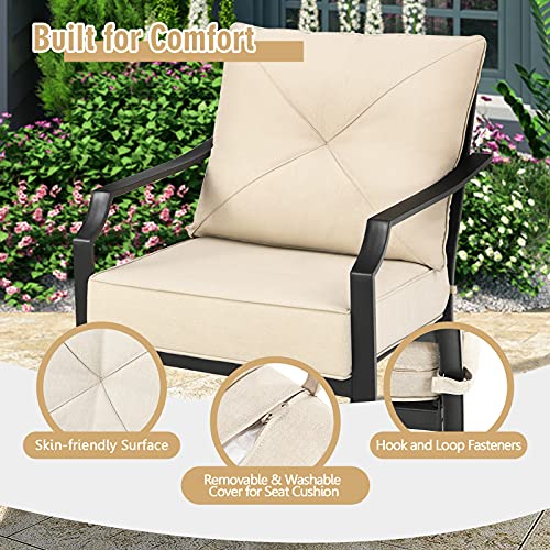 Giantex Set of 2 Patio Chairs, Outdoor Armchairs with Padded Cushions, Bistro Dining Chairs Iron-Frame Lawn Chairs for Porch Backyard Garden Balcony (Black & Beige)