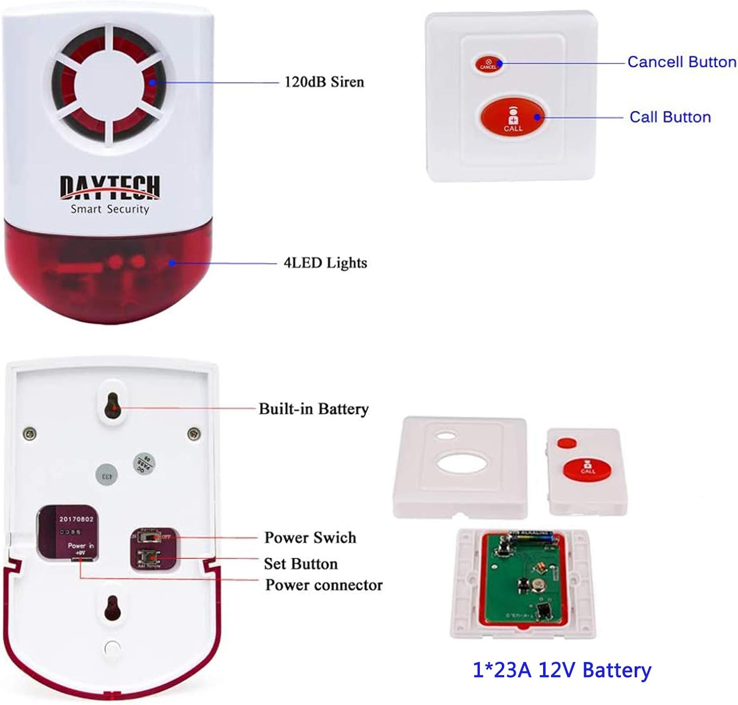 Daytech Remote Emergency Strobe Siren Alarm Kit Waterproof Outdoor Loud Panic Sos Warning System for Business Home Shop Hotel School 800ft 1 Red Flashing Siren+ 4 Call Buttons