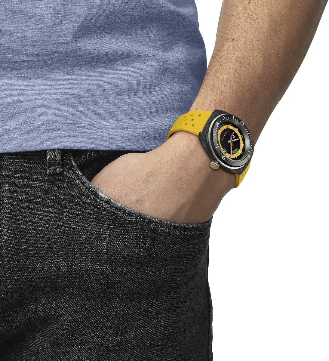 Tissot Unisex Sideral S Powermatic 80 316L Stainless Steel case with Black and Grey Marbled Forged Carbon Automatic Watches, Yellow, Rubber, 20 (T1454079705700)
