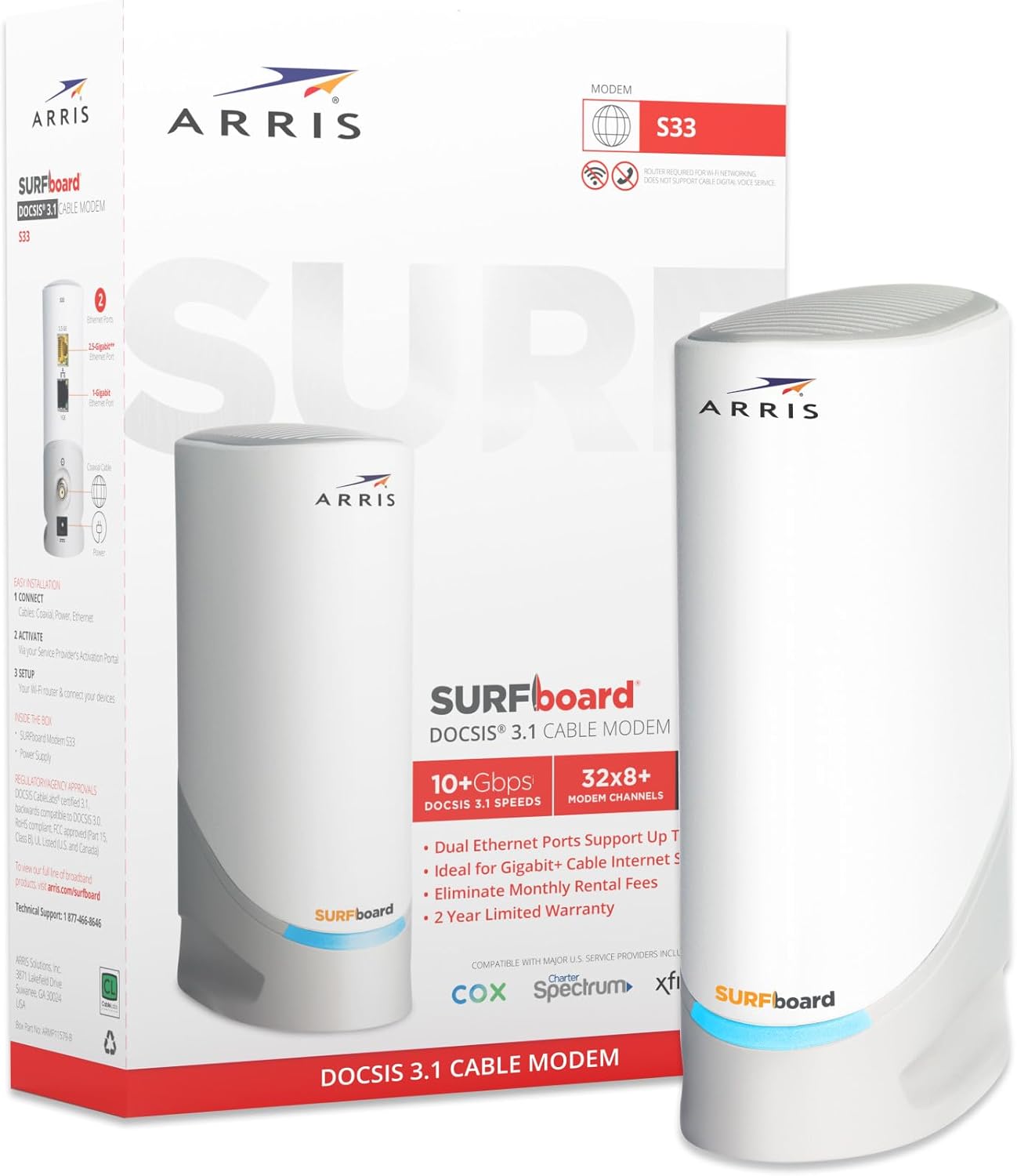 ARRIS S33 DOCSIS 3.1 White Cable Modem | 2.5 Gbps Max Internet Speeds | 2.5 & 1 Gbps Ports | 4 OFDM Channels | Compatible with Xfinity, Cox, Spectrum & More