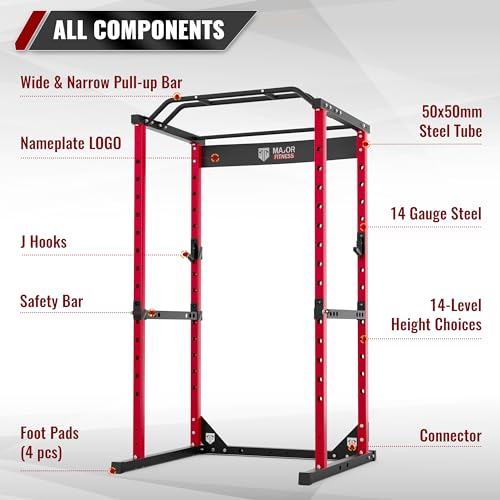 Major Fitness Power Cage, F16 Squat Rack All-in-One 1200lbs Capacity Power Rack with Attachment for Home Gym, Weight Cage