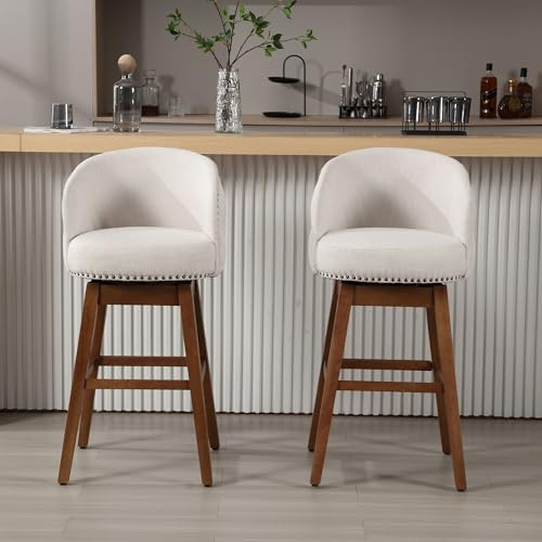 Swivel Bar Stool Set of 2,Modern Linen Counter Stools,29" Swivel Bar Chairs with Wood Base for Kitchen Island,Pub,Cafe（Grey）