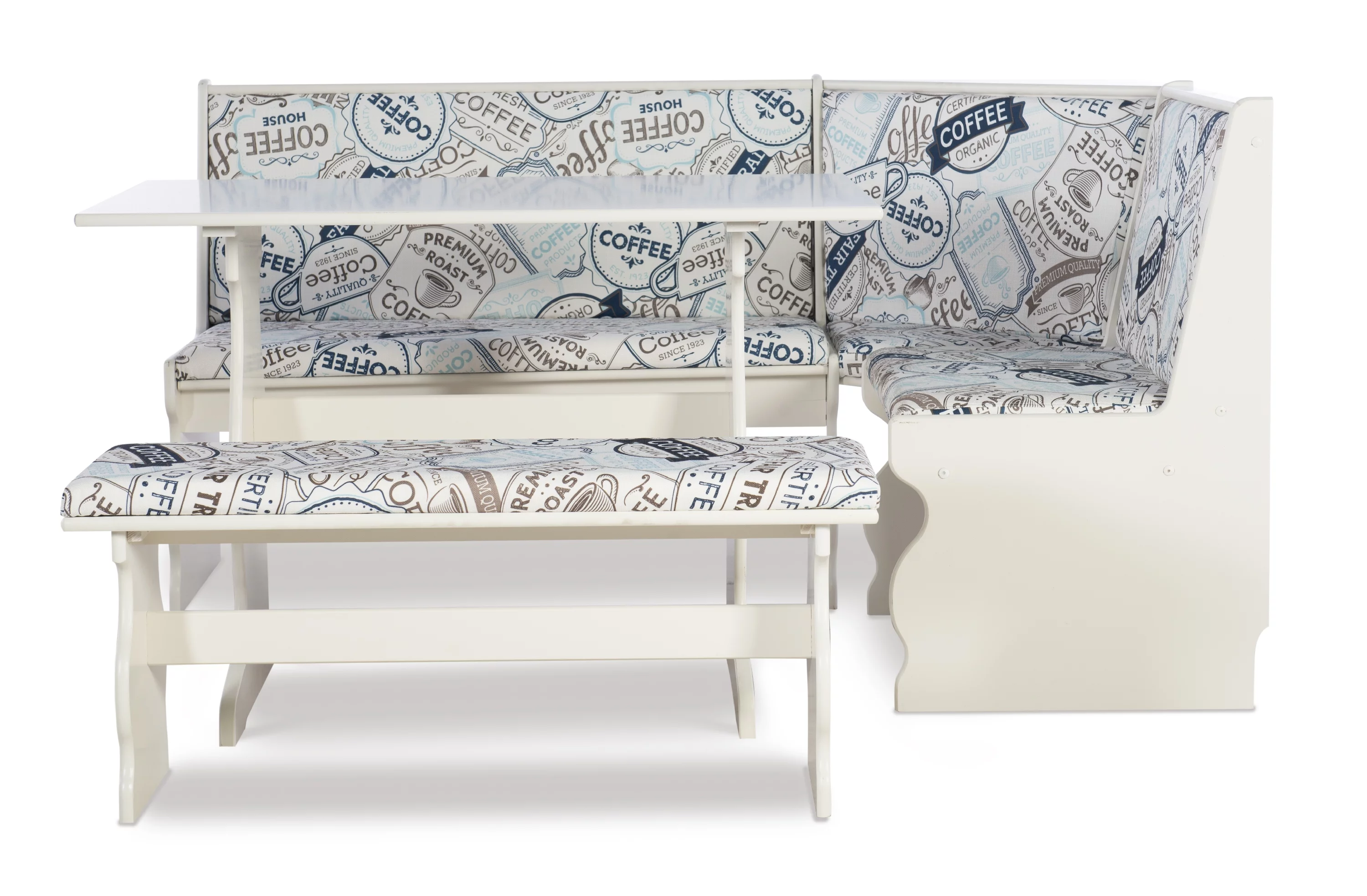 Linon Sasha Casual Dining Breakfast Nook with Corner Unit, Table, and Bench, 29.4" Table Height, Seats 5, White Finish with Coffee Patterned Fabric