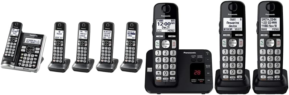 Panasonic Link2Cell Bluetooth Cordless Phone System with HD Audio, Voice Assistant, Smart Call Block and Answering Machine, Expandable Cordless System - 5 Handsets - KX-TGF675S (Black/Silver Trim)