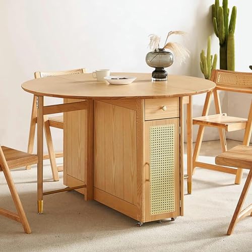 Folding Dining Table, Convertible Wood Round Dining Table for Kitchen/Farmhouse/Living Room, Space Saving Rattan Weaving Dining Room Table with Storage Space