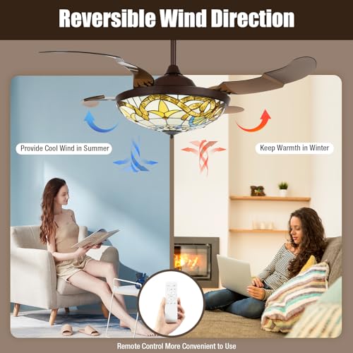 42 Inch Tiffany Style Ceiling Fan Stained Glass Ceiling Fan Retractable Ceiling Fan with Light and Remote Control 3 Speed, 3 Lighting Color Setting for Bedroom, Living and Dining Room