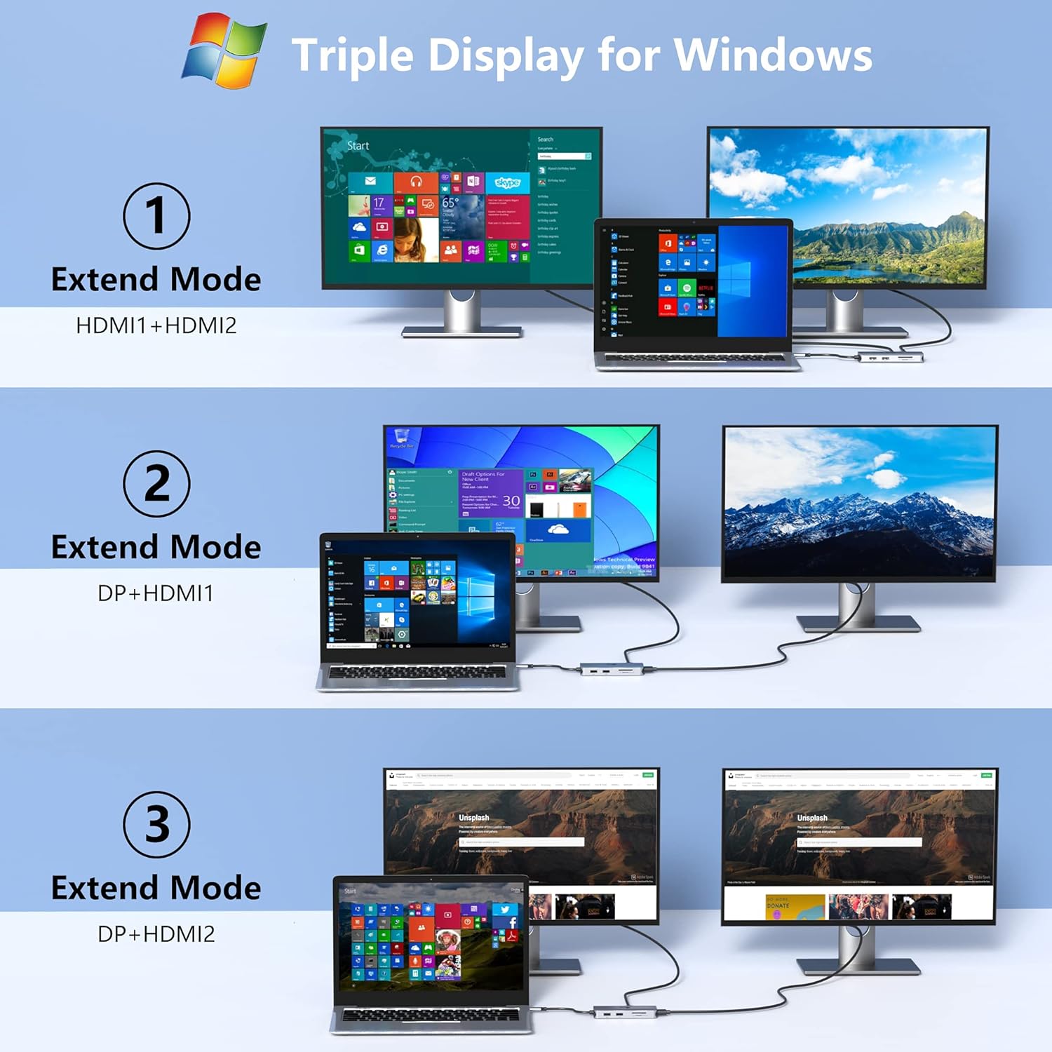 Docking Station, 9-in-1 Triple Display USB C to Dual HDMI Adapter with DisplayPort, 87W PD, 3 USB, SD/TF Card Reader, Docking Station Dual Monitor for Thunderbolt 3/USB-C(DisplayPort) Laptops Pack of 2
