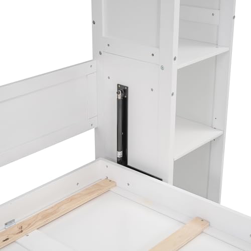 Full Size Murphy Bed, Wood Wall Bed Cabinet Bed with Wall Shelves and LED Lights, Modern Murphy Bed Frame, Foldable Platform, for Guest Room, Office, Apartment, White