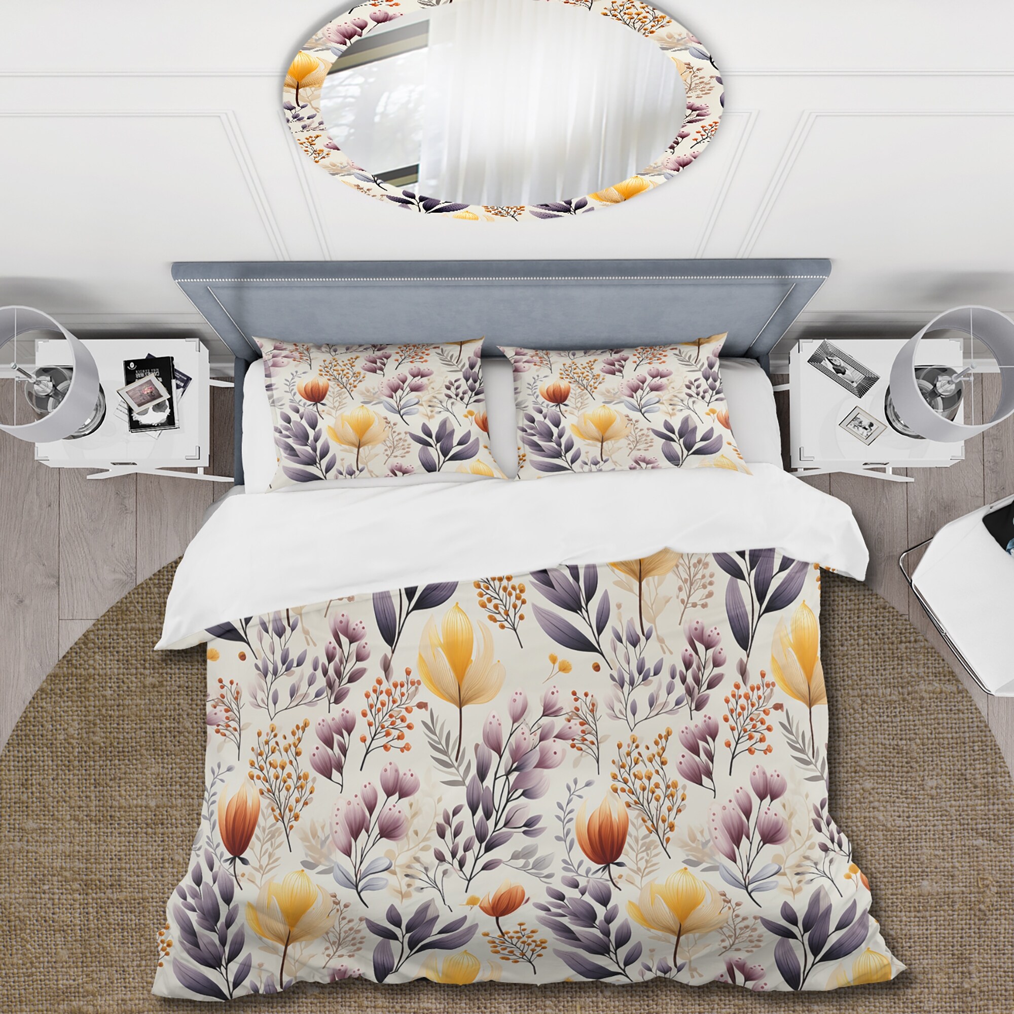 DESIGN ART Designart "Purple Antique Floral Garden Meadow" Yellow Floral bedding covert set with 2 shams Twin