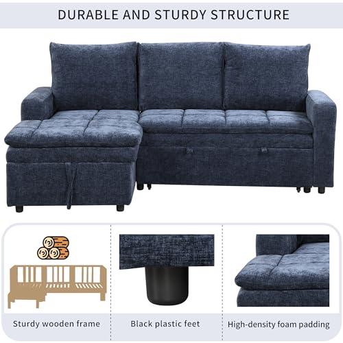Convertible Sofa Couch with Storage Chaise, 3 Seat Sectional Sofa Set with Pullout Bed for Living Room, L-Shaped Modern Polyester Modular Sofa Sleeper for Office, Apartmen (Grey)