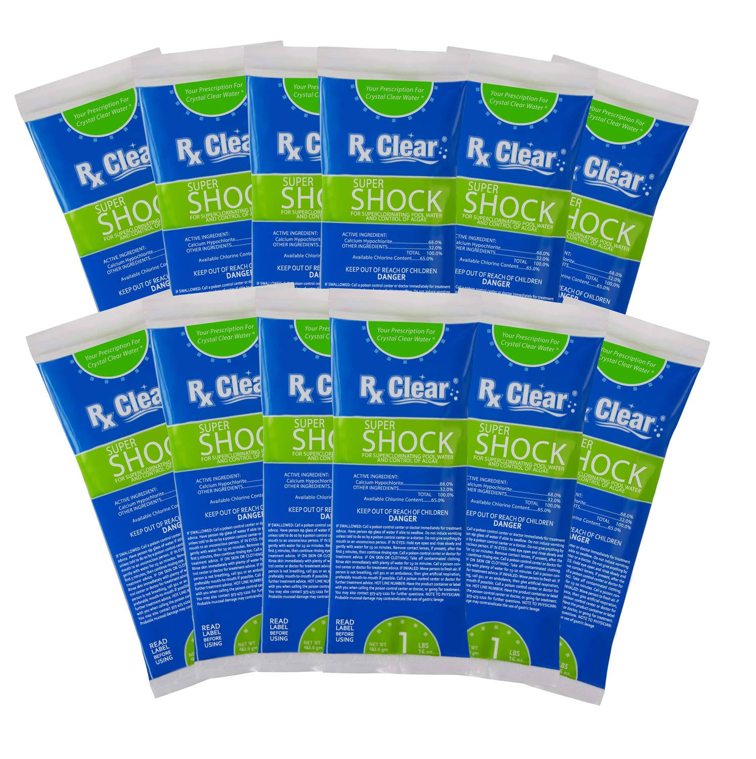 RX Clear 68% Calcium Hypochlorite Super Chlorine Swimming Pool Shock - 24 x 1 lb Bags