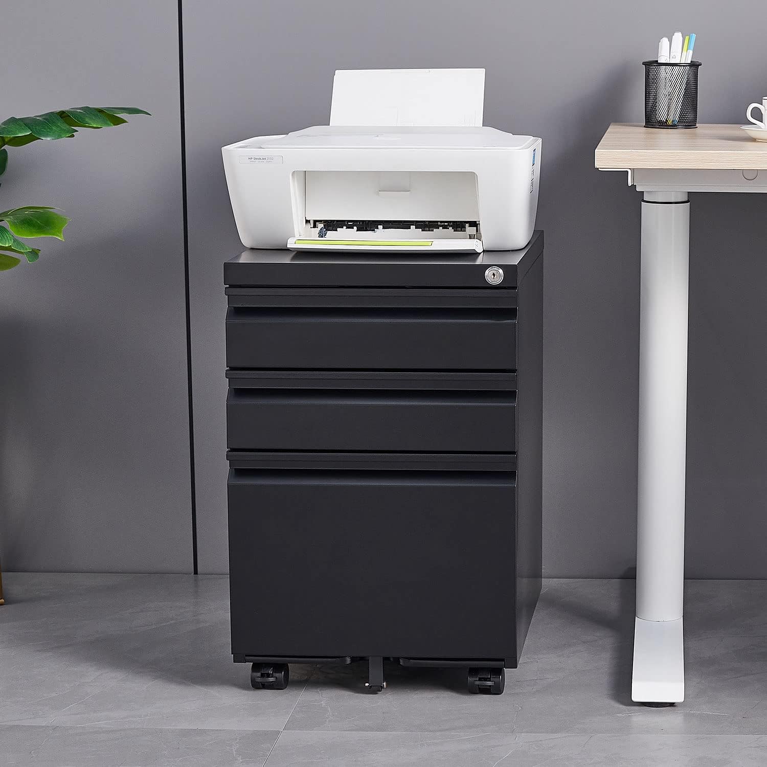 Mobile Printer Stand with Drawers and Lockable Wheels, 3-Drawer Office Storage Filing Cabinet with Lock for Legal Letter Size, Pre-Assembled Metal File Cabinet Except Wheels Under Desk Black