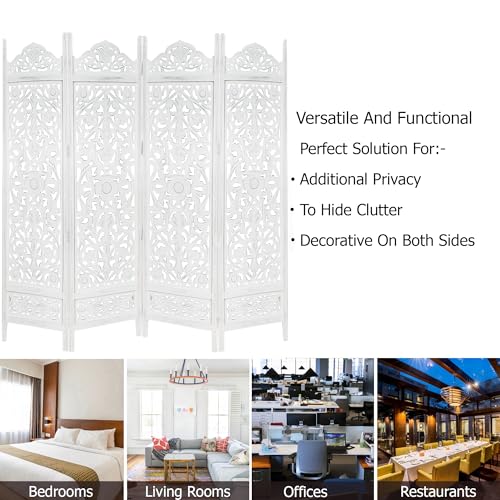 Room Divider Wood Screen - Ghanti Bells Antique Brown - 4 Panel Folding 72 x 80 - Assembled Hand Carved Decorative Functional Versatile Portable Partition Reversible Privacy Boho - COTTON CRAFT