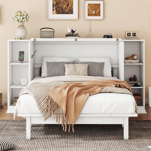 Full Size Murphy Wall Bed With Storage and Bookcase Headboard, Solid Wood Cabinets With Shelves, Drawers and USB Ports, Multi-Function Platform for Home Office, Guest Room - White