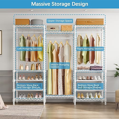 VIPEK S3i Heavy Duty Garment Rack with Adjustable Shoe Rack Wire Shelf, Large Wardrobe Closet Organizer Storage, Freestanding Clothes Rack with Hanging Rod, Custom Closet Rack, White