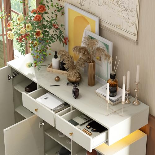 AIEGLE Shoe Cabinet with LED Light, Entryway Storage Cabinet with 3 Doors and 2 Drawers, Freestanding Space-saving Shoe Rack Organizer Cabinet for Hallway, Living Room, Light Grey