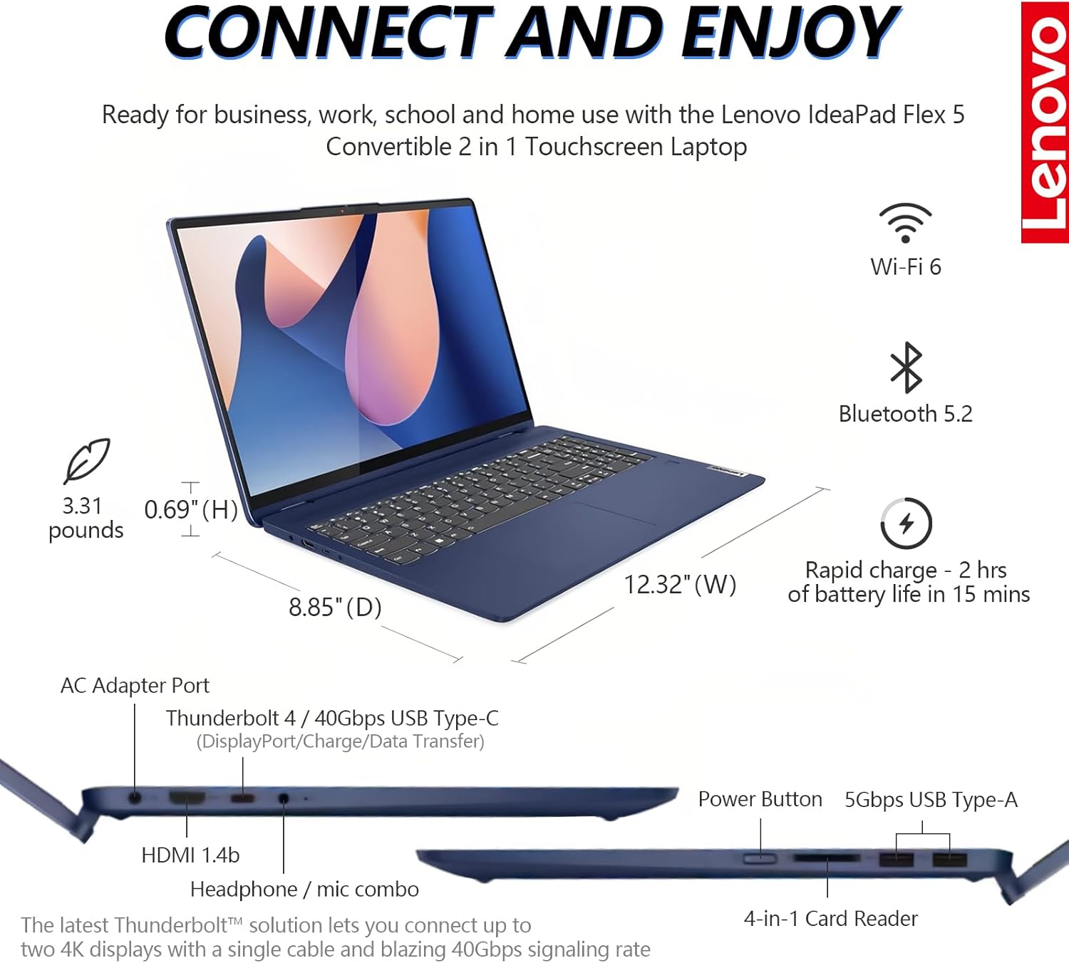 Lenovo IdeaPad Flex 5 2 in 1 Laptop Touchscreen, 14 Inch FHD Ultra Thin Light Touch Screen Convertible, Intel Core i5, 16GB RAM 512GB SSD, Windows 11, Lifetime Office, Backlit Keyboard, Thunderbolt