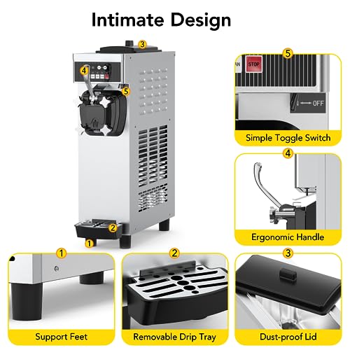 Commercial Ice Cream Maker Machine, 1200W 4.7-5.8Gal/H Auto Clean Single Flavor Soft Serve Ice Cream Machine with 7L Hoppers Countertop Ice Cream Machine for Home Bars and Restaurants
