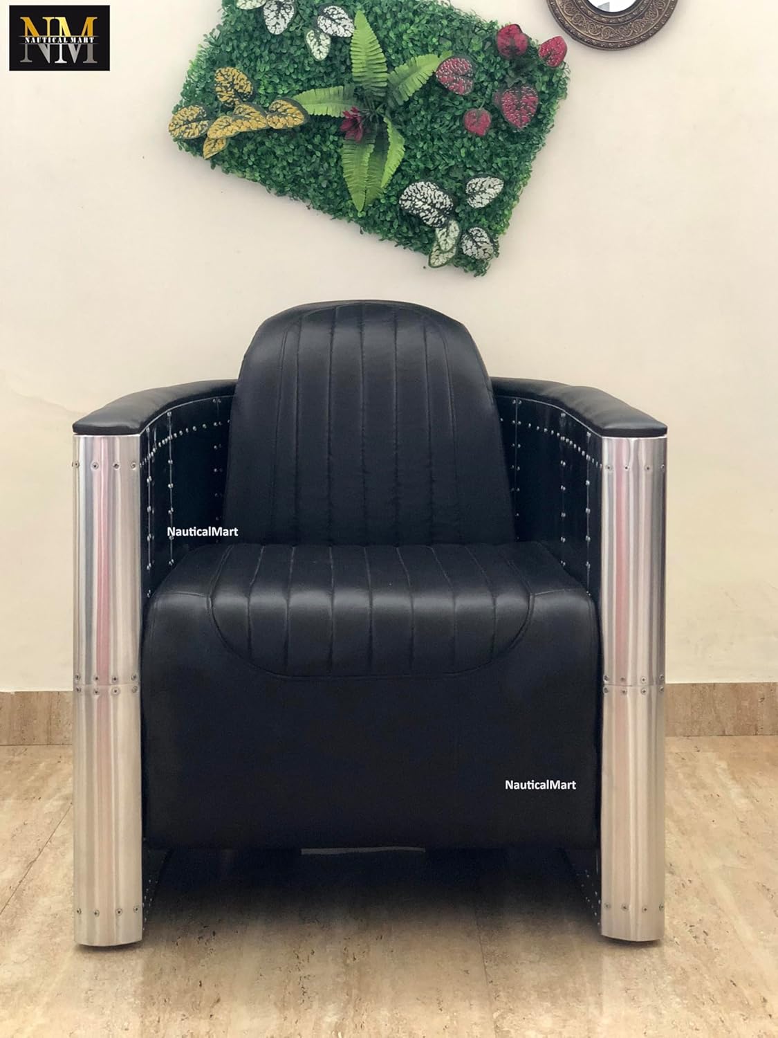 NauticalMart Aluminum Leather Armchair Mid Century Industrial Sofa Aviator Accent Chair Aviation Furniture Restaurant & Home Office Décor