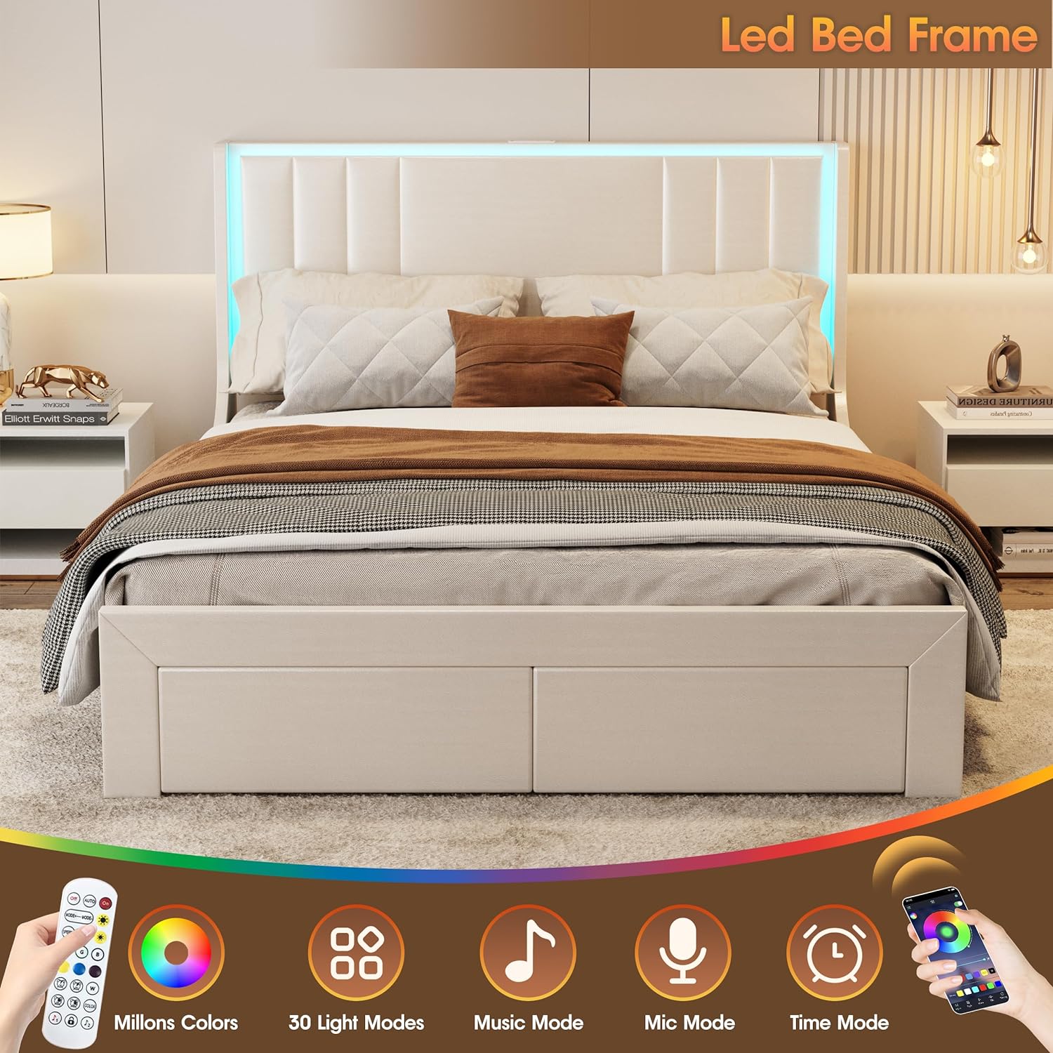 Vabches Queen Size Bed Frame with LED Light and 2 Hidden Storage Drawers with Leather Upholstered Headboard and Charging Station, Supported by Wooden Slats, Noise-Free, No Springs Needed, White