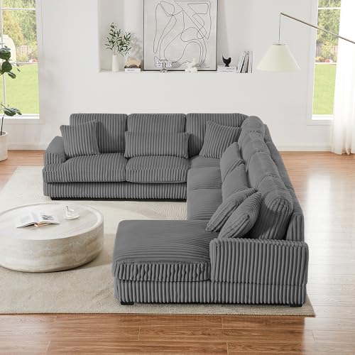 Oversized U-Shaped Sectional Sofa Couch Plush Corduroy Upholstered Modular Deep Seat Sofa&Couch Sectional W/Right Facing Chaise Lounge and 7 Toss Pillows for Home Apartment Living Room Furniture Sets