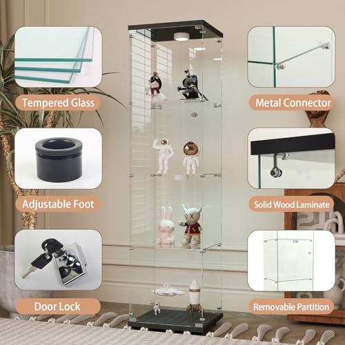 Two-Door Glass Display Cabinet 4 Shelves with Door, Floor Standing Curio Bookshelf for Living Room Bedroom Office, 64.7"*31.7"*14.3", White