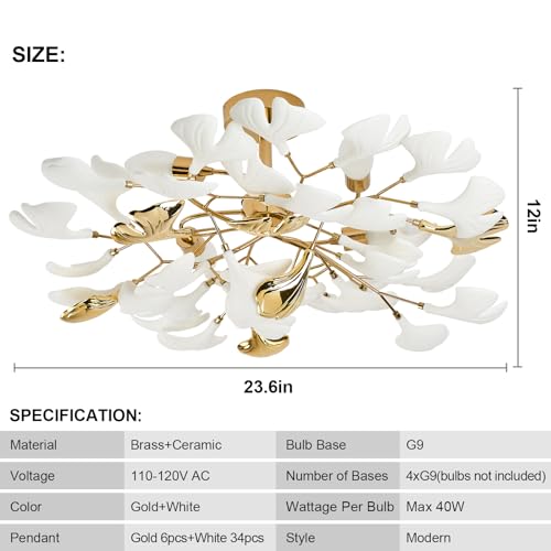 Bedroom Chandelier Ceiling Light, Gold Ceramic Ginkgo Leaf Chandeliers Brass Semi Flush Mount Chandelier Light Fixture for Kitchen Living Room Dining Room, 24" Ceiling Light Fixture