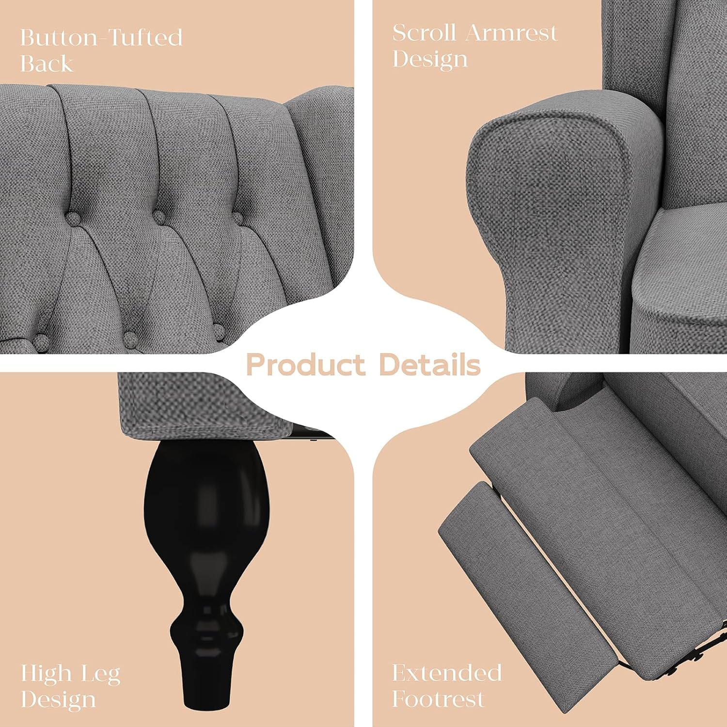 Wing Back Recliner Chair for Living Room, High Back Upholstered Recliner Chairs for Adults, Tufted Accent Lounge Armchair Single Sofa Chair, Dark Gray