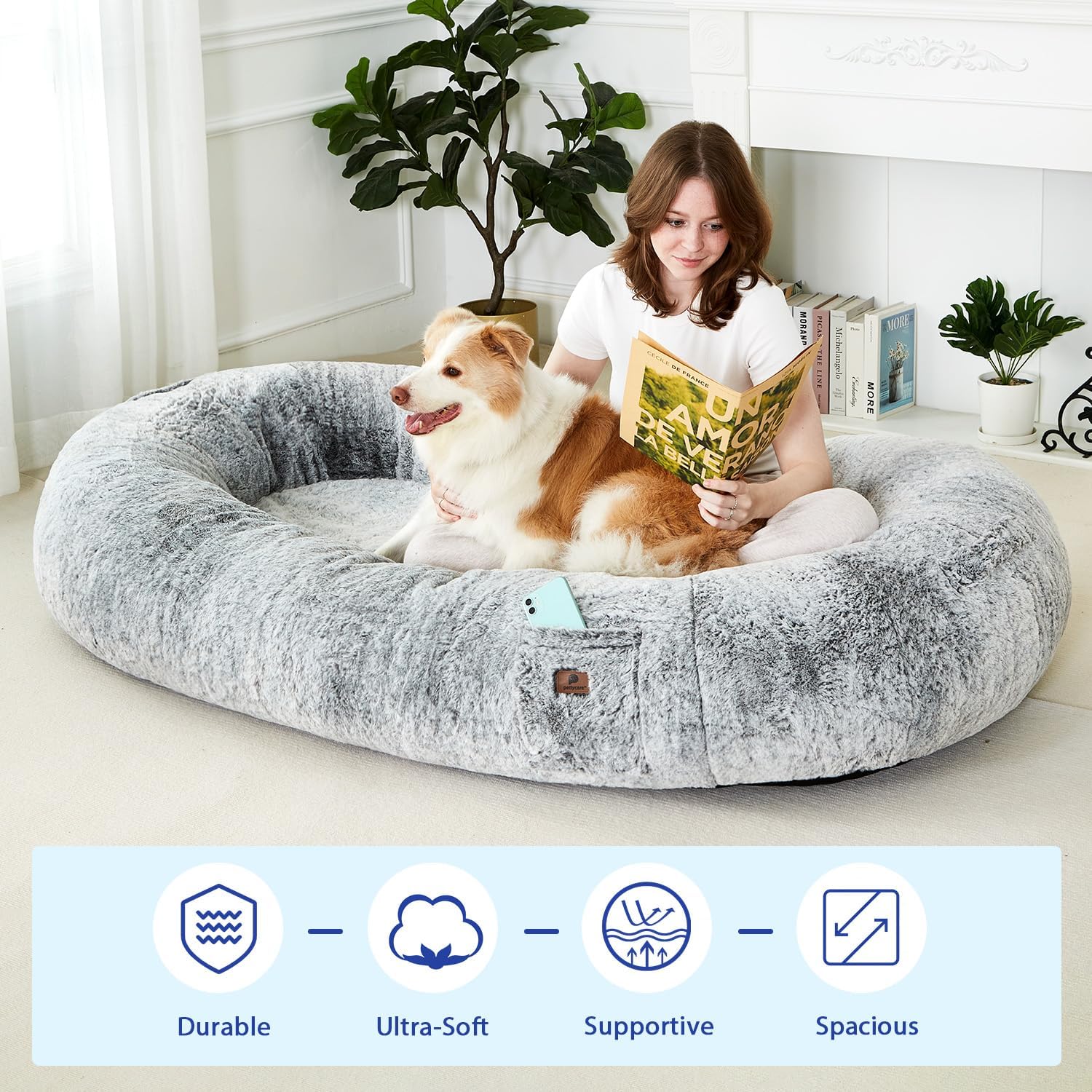 Human Dog Bed for Adult, Fluffy Faux Rabbit Fur Human Size Dog Bed Better Sleeping, Supportive with Orthopedic Memory Foam Mats, Giant Dog Bean Bag Bed, 72"x42"x12", Grey