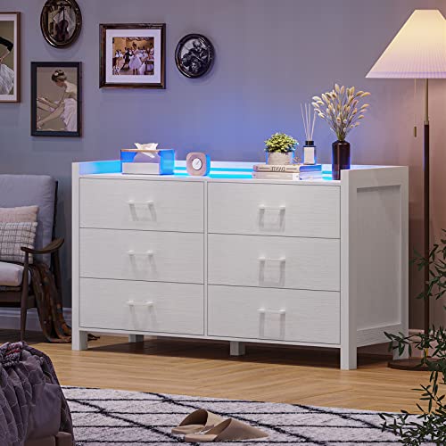 Dresser for Bedroom, 6 Drawer Double Dresser with LED Lights, Wood Chest of Drawers, Modern Storage Dresser for Bedroom, White (NSL02N)