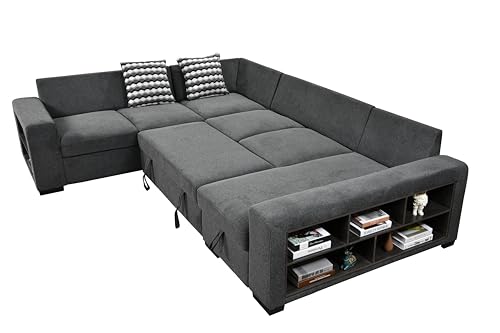 roomfitters 125'' Modern U Shaped 7 Seat Sectional Sofa Couch with Cabinet, Sofa Bed with Storage Chaise and Pull-Out Couch Bed for Living Room, Light Gray