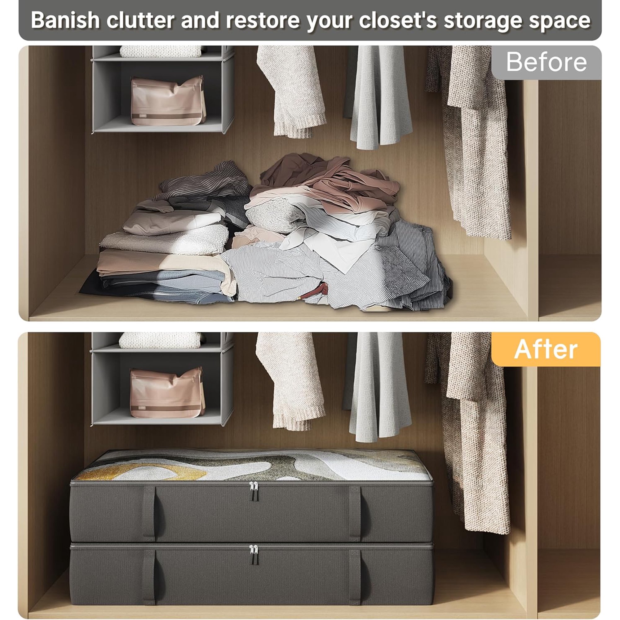 2-Pack Under Bed Storage Containers, 8 Inches Tall Underbed Clothes Storage Organizer Bin with Sturdy Sidewalls/Bottom, Under the Bed Storage Bags 2 Storage Bins, Beige