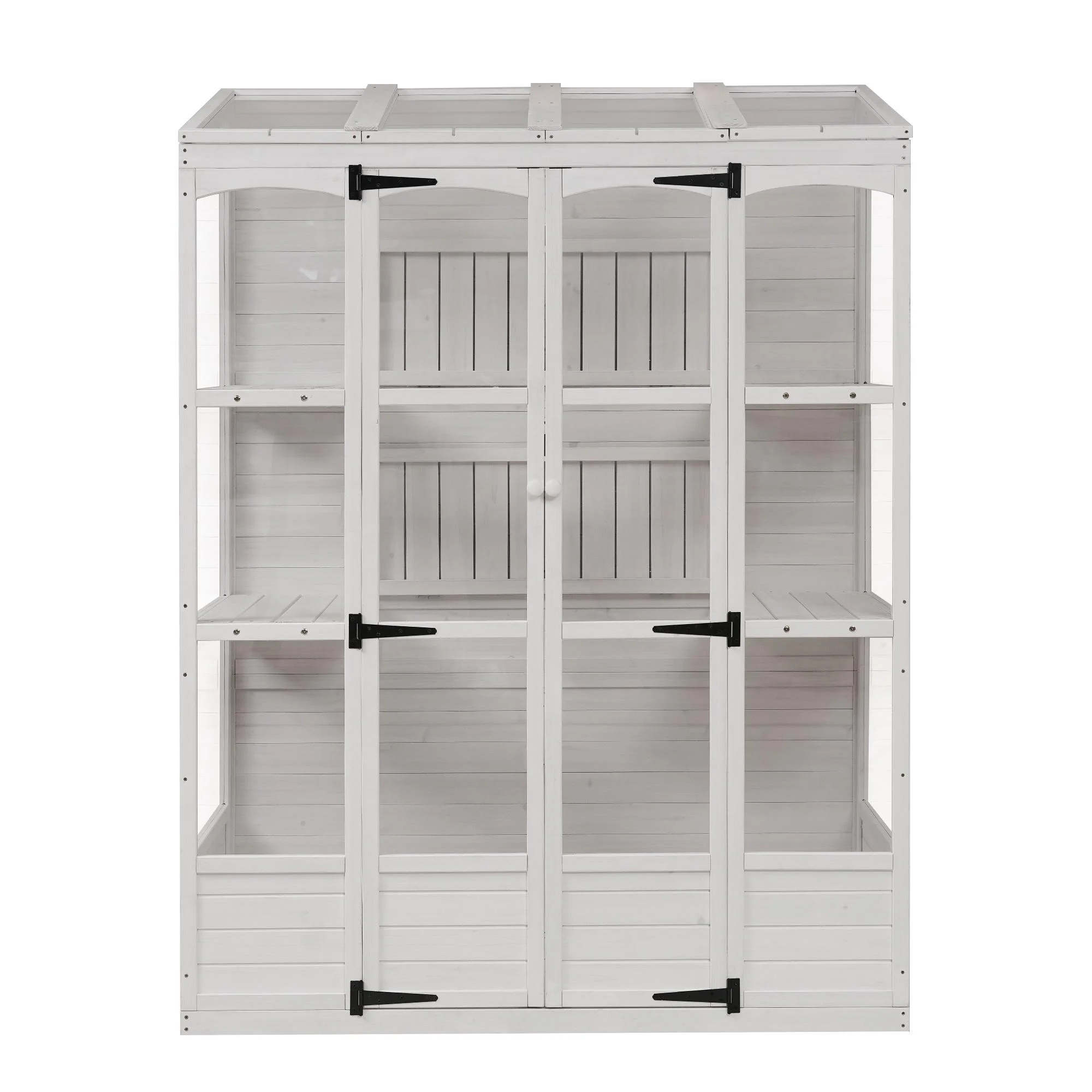 57.9"W x 29.1"D x 78.1"H Large Greenhouses for Outdoors Indoor, Wood Frame Polycarbonate Garden Greenhouse with Folding Shelves and Windows, White
