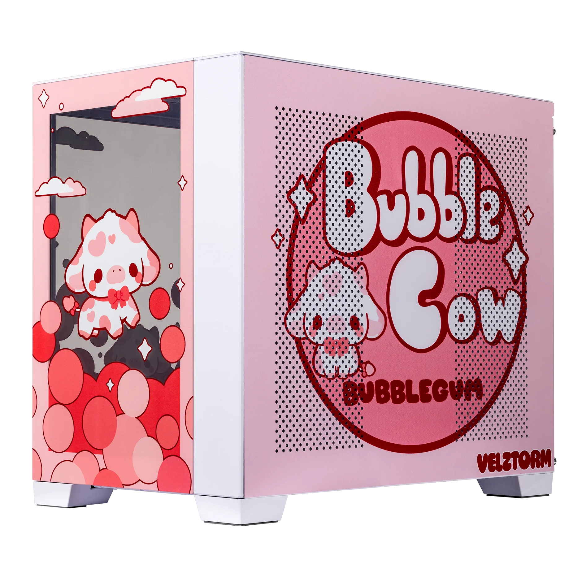 Velztorm Bubble Cow Custom Art Aluminum Tempered Glass O11 Dynamic Mini Rose Pink Gaming Computer Case, Supports Mini-ITX, Micro-ATX, and ATX Motherboard Sizes, O11D Mini-S