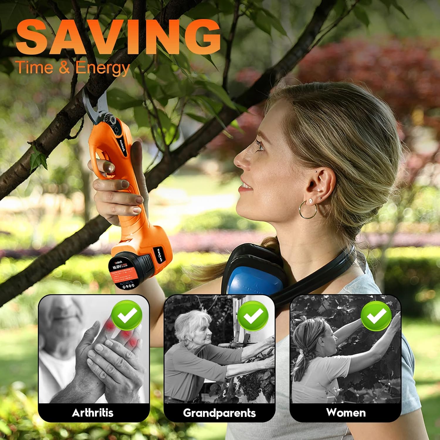 Pruning Shear Battery Powered, Kebtek Electric Pruning Shears Cordless Portable Electric Pruner with 2Pack 2Ah Rechargable Batteries -16.8V 25MM(0.98Inch)Cutting Diameter2