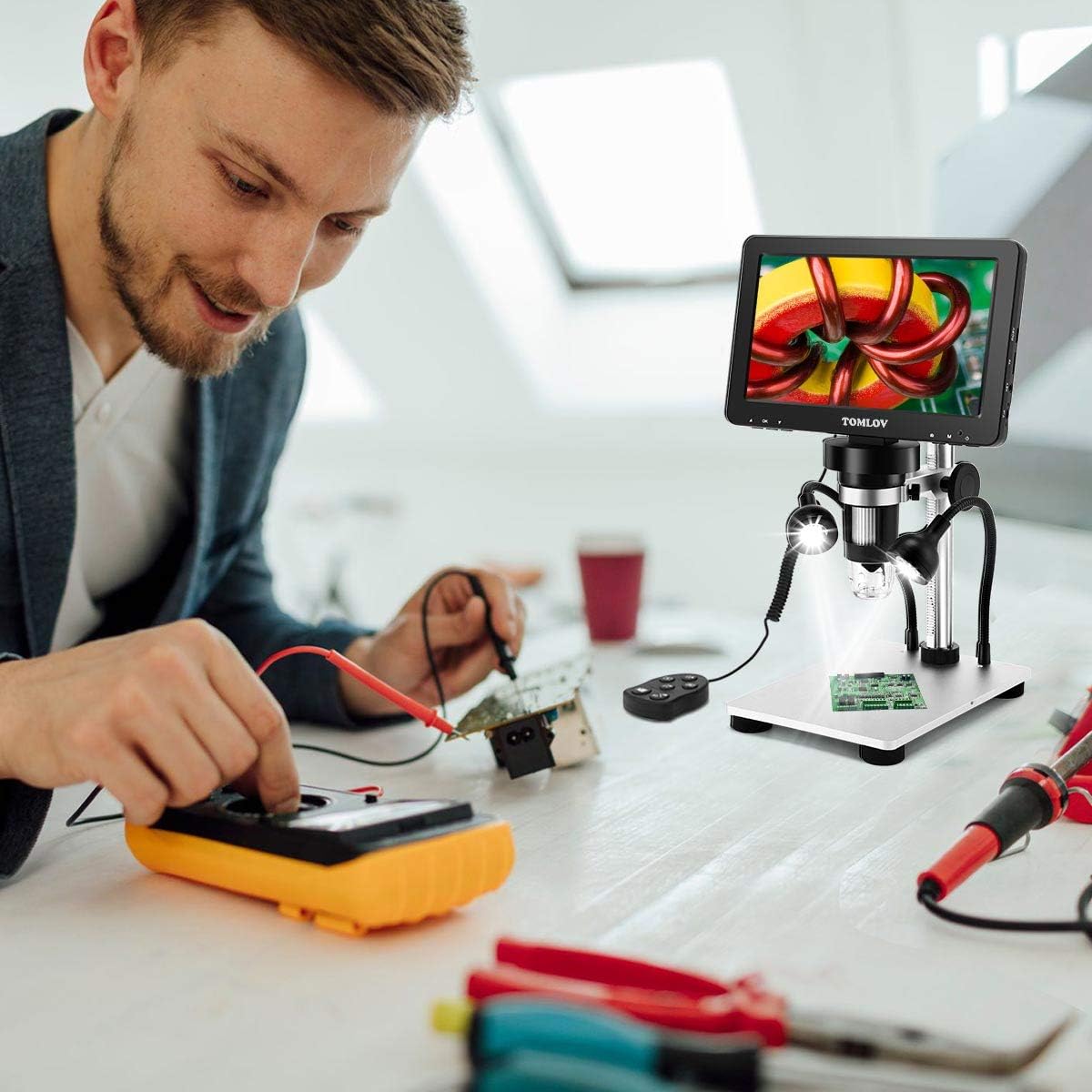 TOMLOV DM9 7" LCD Digital Microscope 1200X, 1080P Video Microscope with Metal Stand, 12MP Ultra-Precise Focusing, LED Fill Lights, PC View, Windows/Mac OS Compatible, with SD Card, Model- DM9