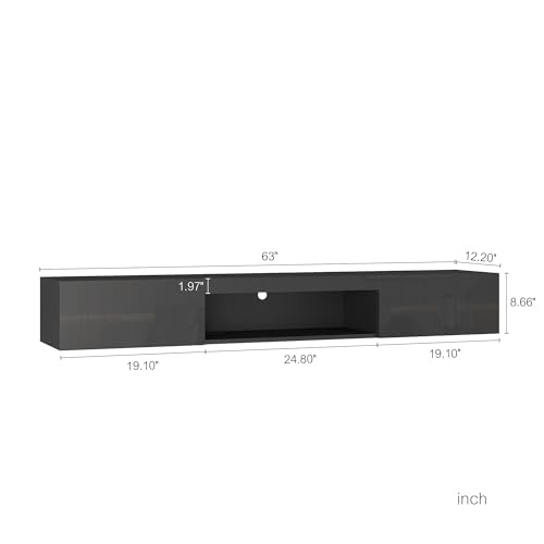 65" Floating TV Stand Wall Mounted, Floating TV Stand with LED Lights, TV Cabinet with Storage Entertainment Center up to Television 65" for Bedroom Living Room (Black, 65")