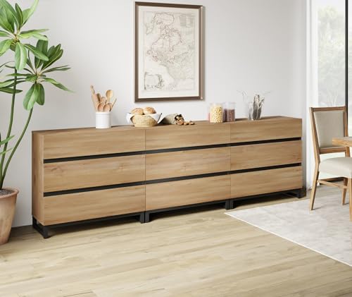 WAMPAT Modern TV Stand for TVs up to 40 inch, Entertainment Center TV Console with 3 Drawers and Metal Base, Media Console for Living Room, Bedroom, Oak
