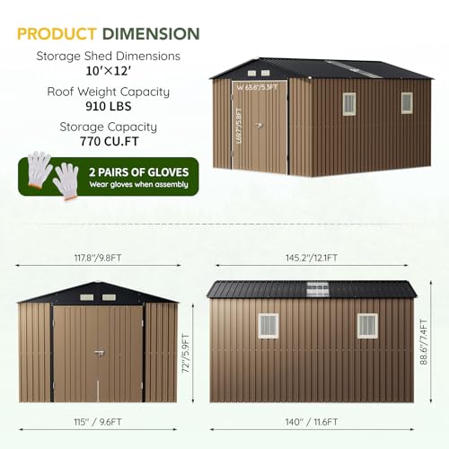 Outdoor Storage Shed 10 x 12ft. Utility Tool Shed Metal Storage Garden Shed with Lockable Doors, Windows & Metal Frame Floor for Patio Storage,Brown