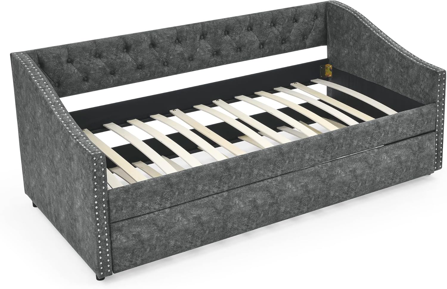 Twin Size Tufted Daybed with Twin-Size Trundle, Upholstered Sofa Bed, Wooden Couch with Button on Back and Copper Nail on Waved Shape Arms, for Bedroom, Living Room, Gray