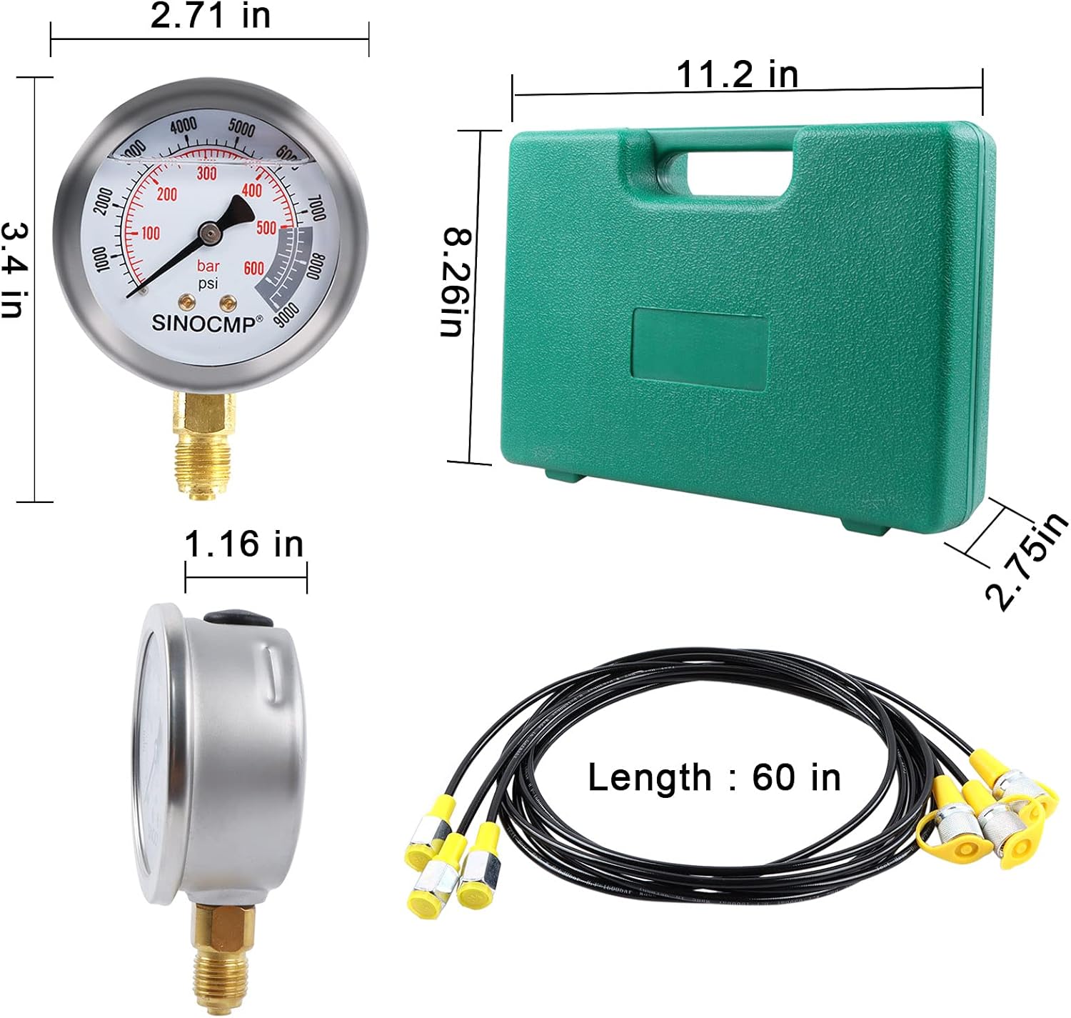 Upgraded Version Hydraulic Pressure Gauge Kit - SINOCMP Excavator Hydraulic Kit Stainless Steel Pressure Gauge Test Gauge Kit for Excavators, 2 Years Warranty