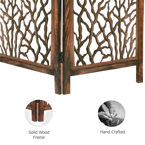 Room Divider Wood Screen - Ghanti Bells Antique Brown - 4 Panel Folding 72 x 80 - Assembled Hand Carved Decorative Functional Versatile Portable Partition Reversible Privacy Boho - COTTON CRAFT